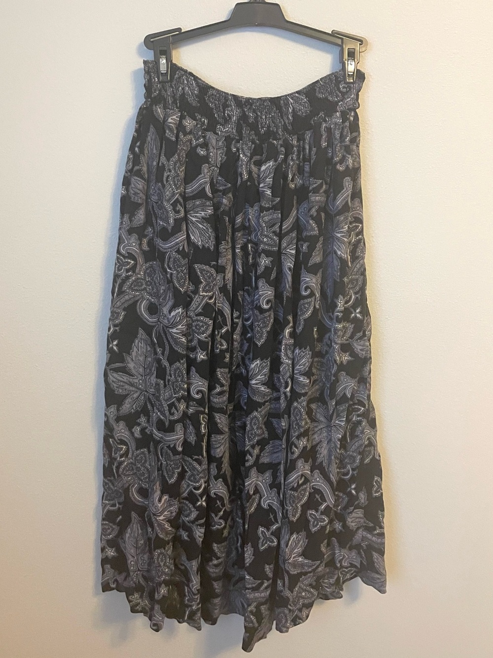 Boho Paisley Black Floral Print Maxi Skirt With Elastic Waistband - Size M